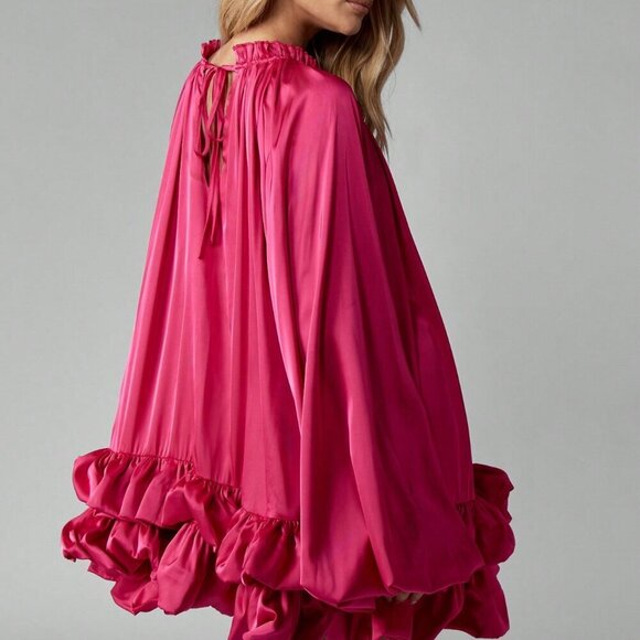 Hot Pink Party Women's Ruffle Hem High Neck Satin Elegant Mini Dress - Picture 2 of 8